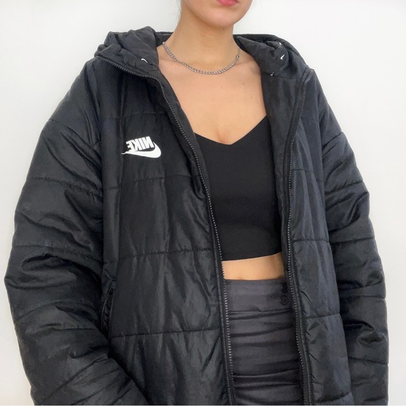 Nike black puffer jacket/ trench coat spellout swoosh logo 🖤 - Picture 2 of 5